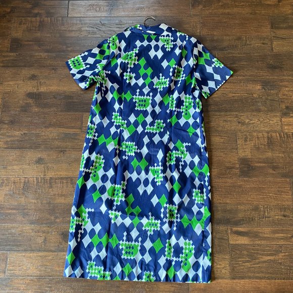 Vintage 1960s Dark Blue & Green Mod Abstract Midi Shift Shirt Collar Dress - Picture 2 of 7